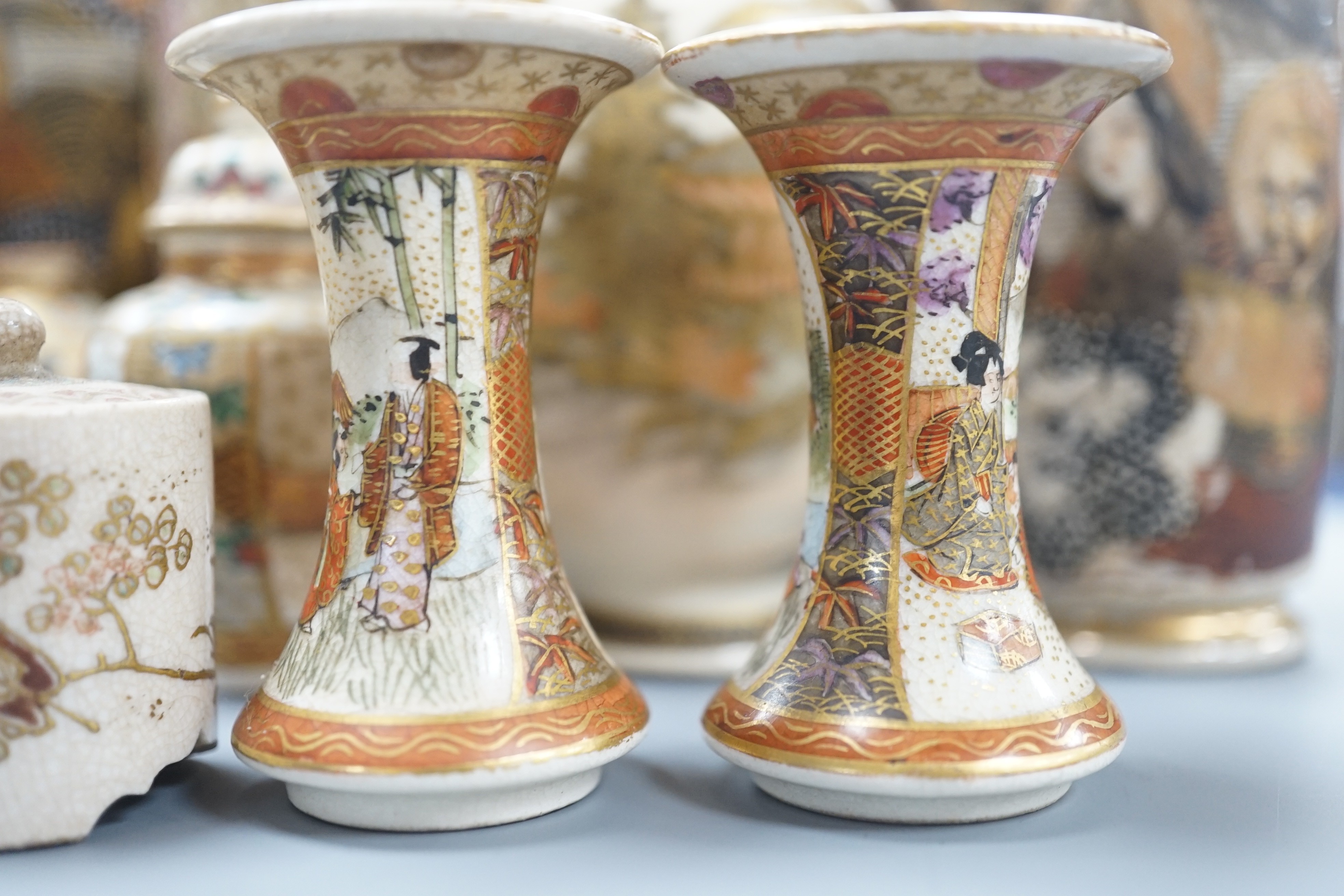 A group of small and miniature Satsuma pottery vases, koros and covers and dishes, late 19th/early 20th century, 3cm - 12cm